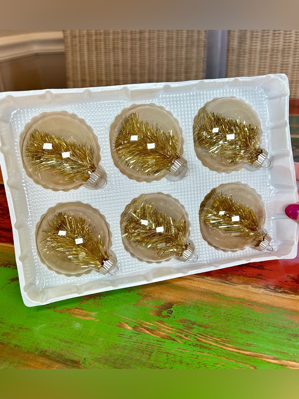 Vintage Martha Stewart Golden Luster Clear Glass Tinsel Ball Ornaments Set of 6